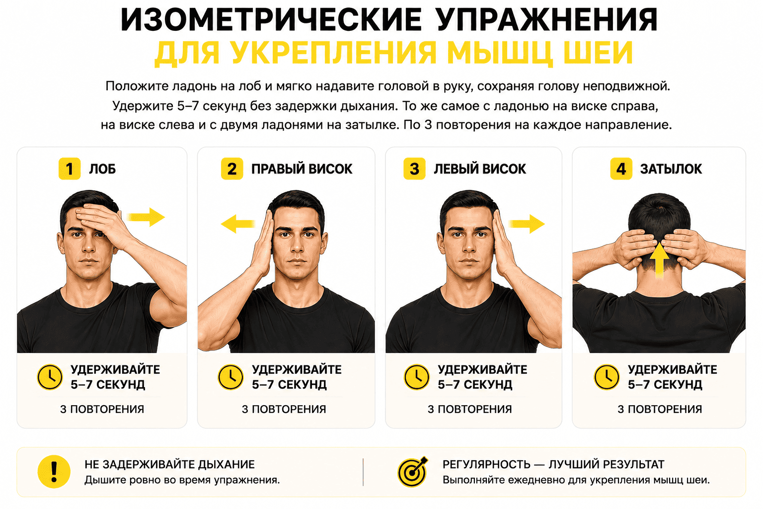Изометрические упражнения для укрепления мышц шеи в четырёх направлениях