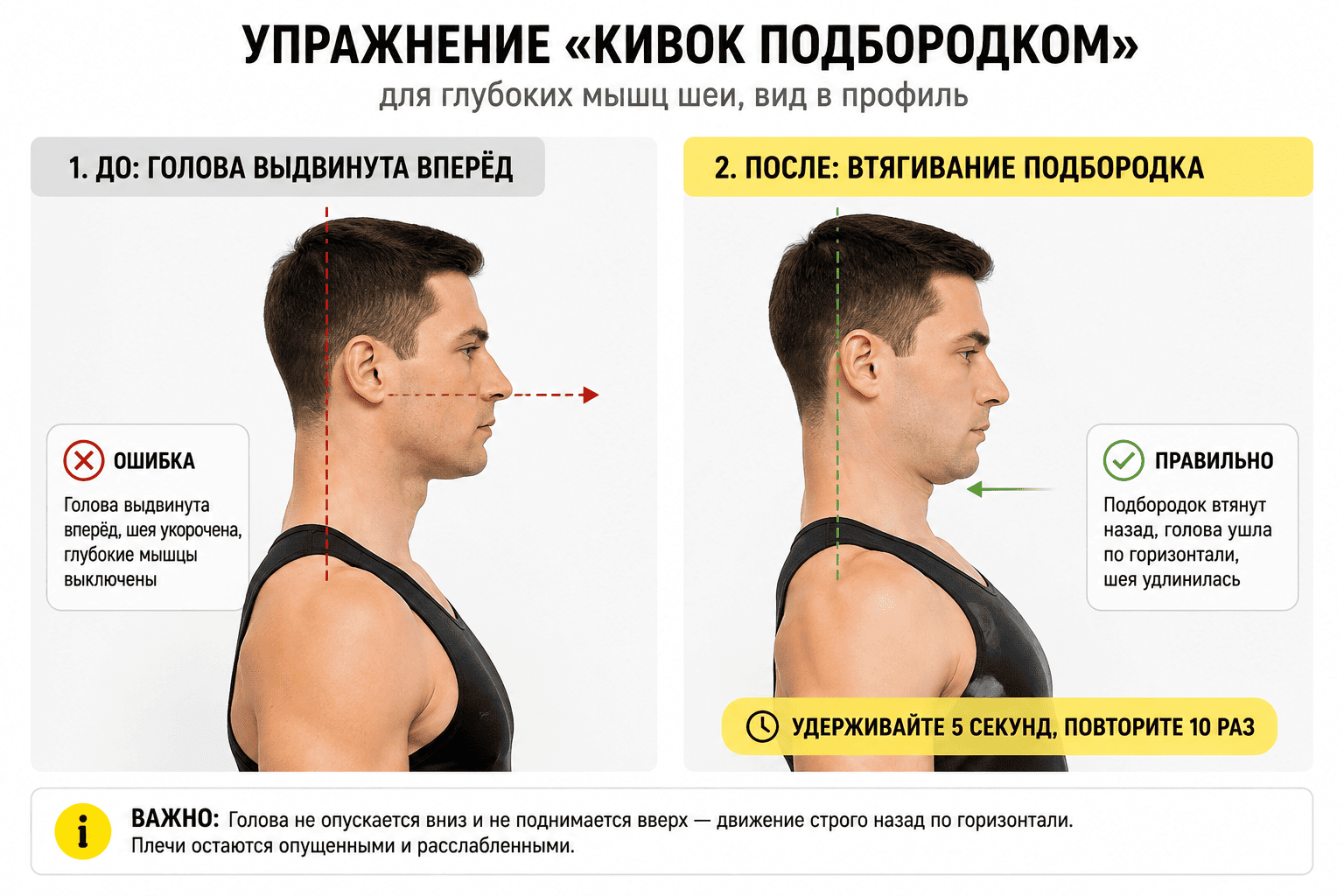 Упражнение кивок подбородком для глубоких мышц шеи, вид в профиль