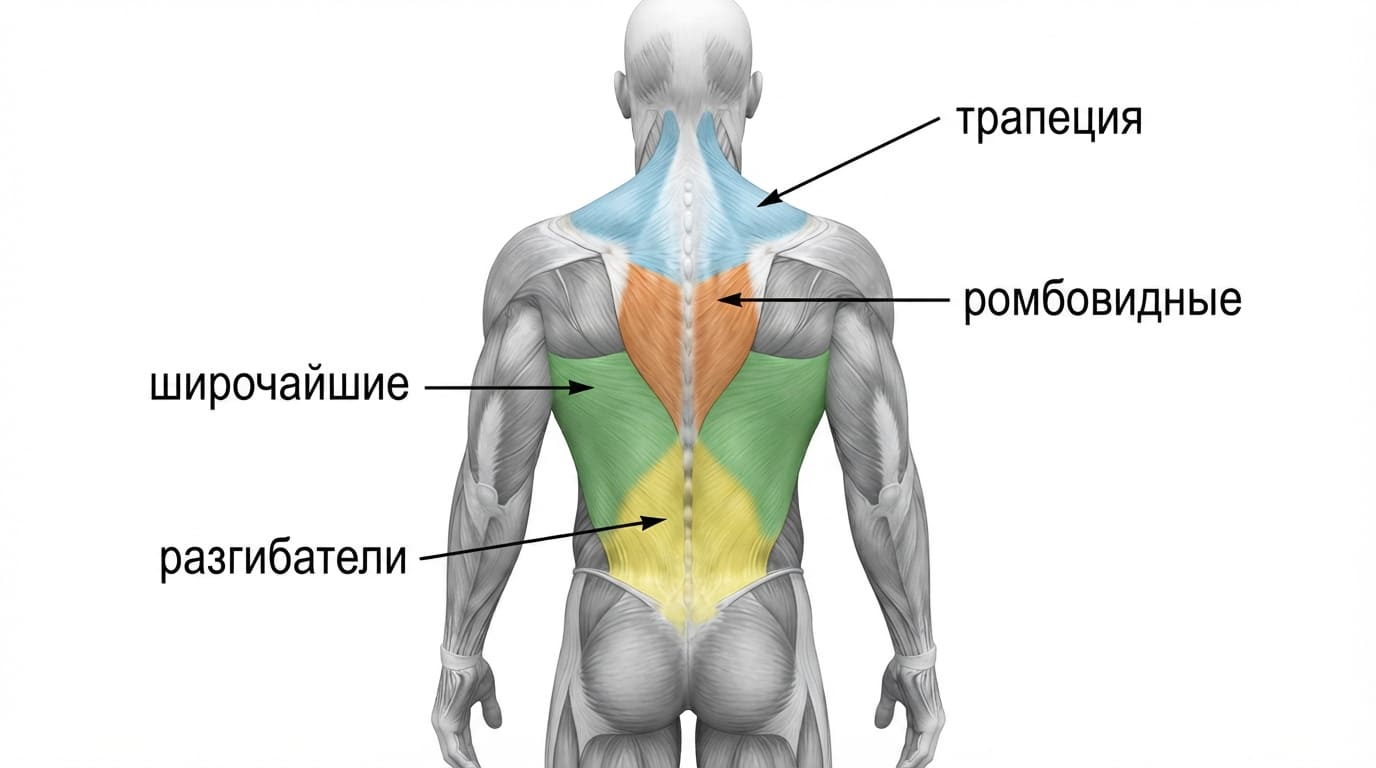 Схема мышц спины: широчайшие, трапеция, ромбовидные и разгибатели позвоночника