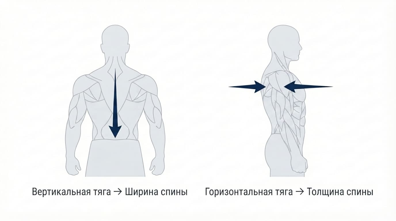 Ширина и толщина спины: направление вертикальной и горизонтальной тяги