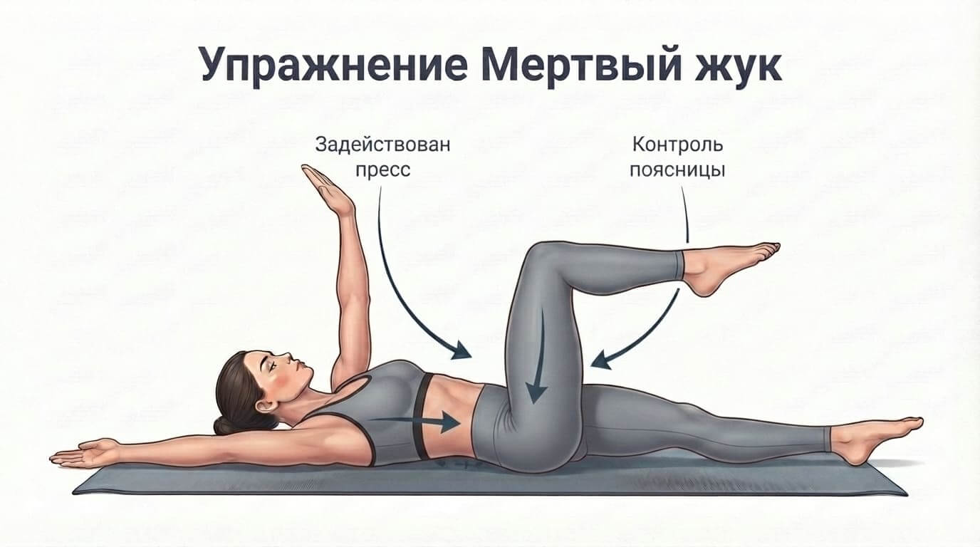 Упражнение жук на спине: опускание противоположной руки и ноги