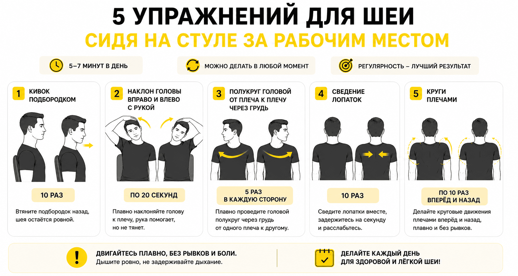 Пять упражнений для шеи сидя на стуле за рабочим местом