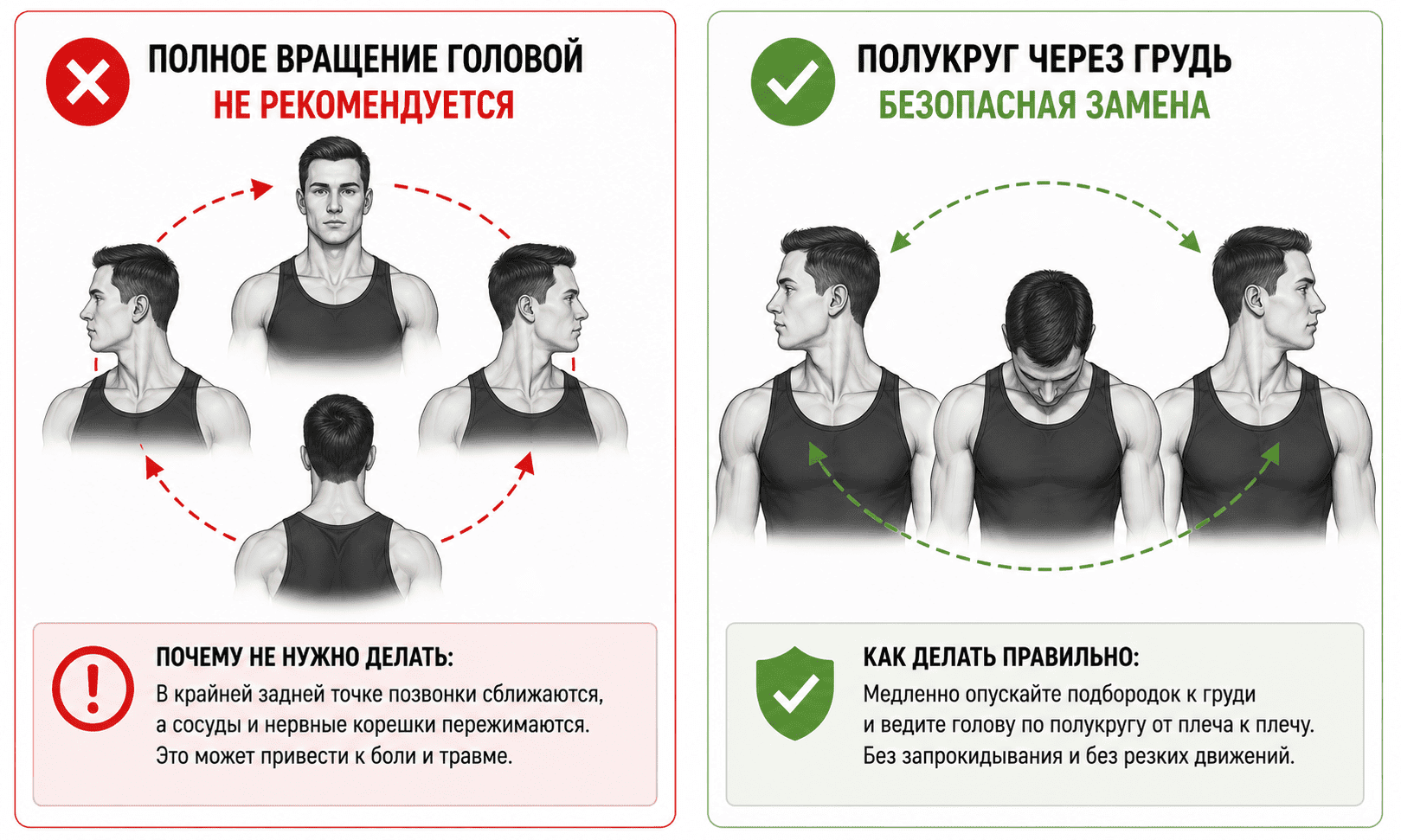 Полное вращение головой и безопасная замена — полукруг через грудь