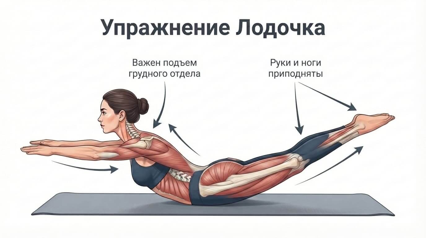 Упражнение лодочка для укрепления мышц спины лёжа на животе