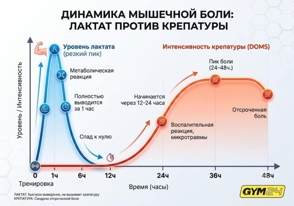 Молочная кислота выводится за час, а крепатура появляется через сутки