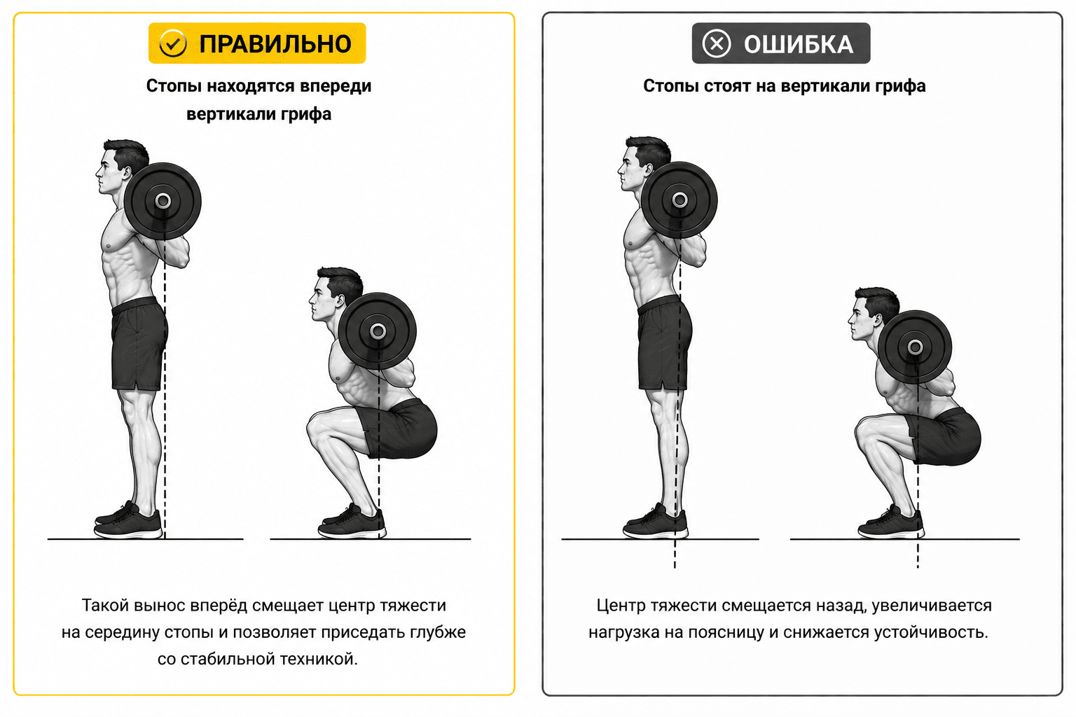 Постановка ног в приседаниях в Смите: стопы выносятся вперёд относительно грифа