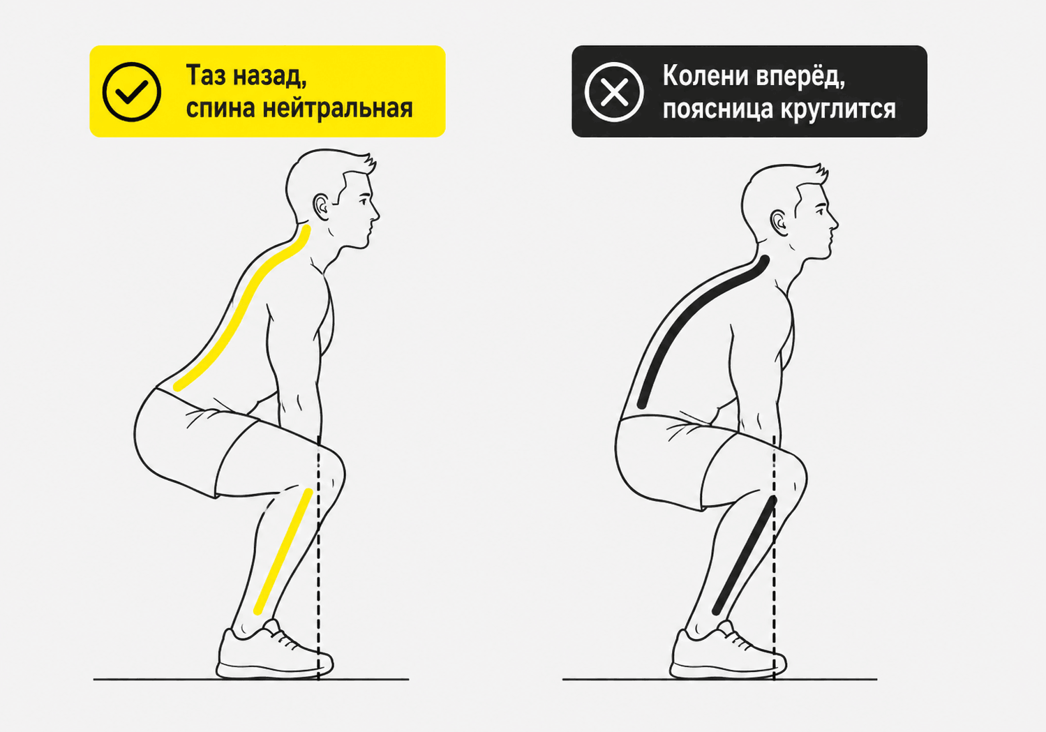 Ошибки в румынской тяге: круглая спина и сгибание коленей вместо отведения таза