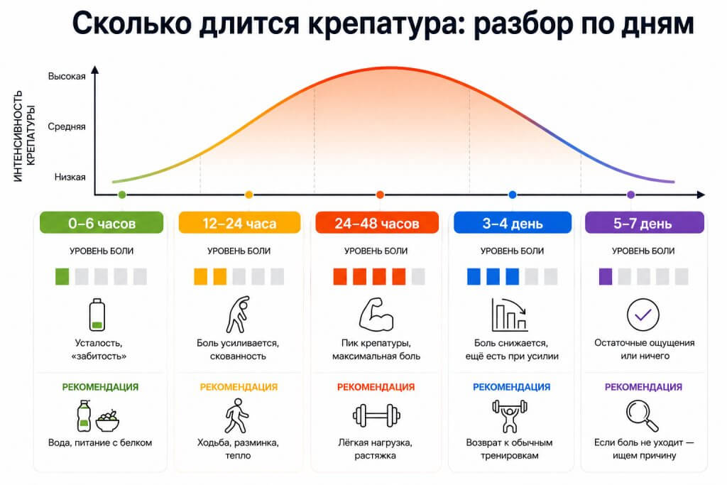 Сколько длится крепатура: интенсивность боли с первого по седьмой день