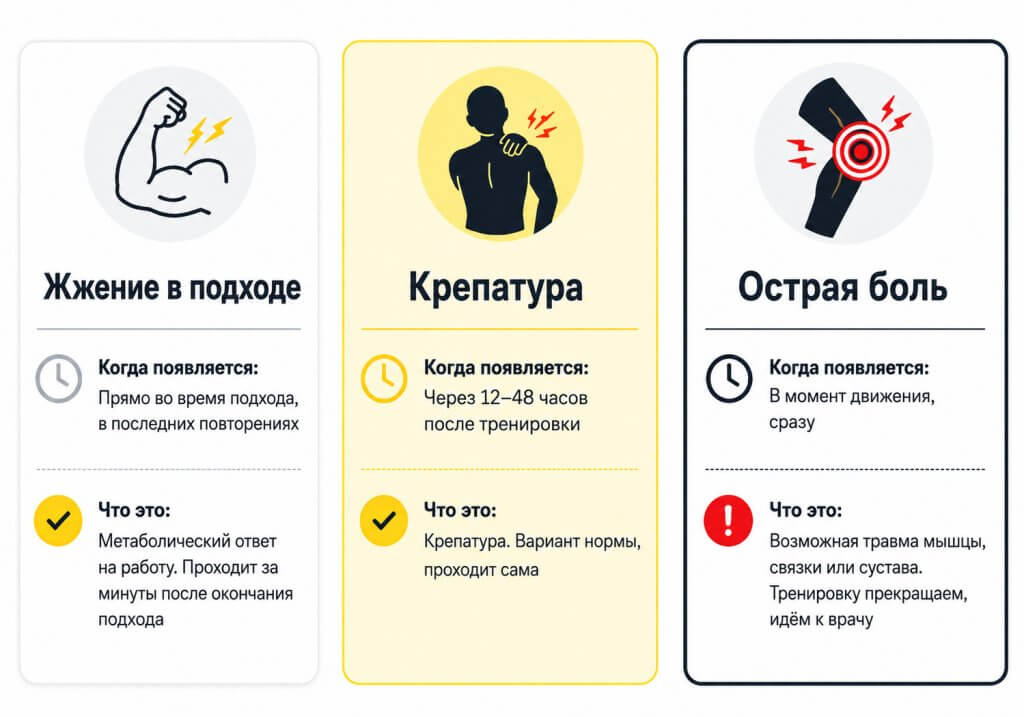 Чем крепатура отличается от жжения в мышцах и травмы