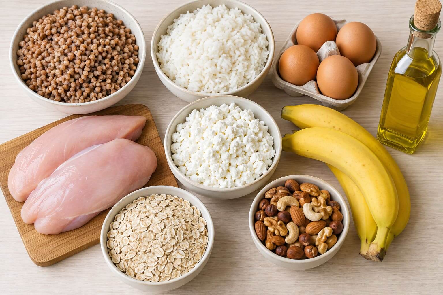 Питание для набора мышечной массы: продукты на столе