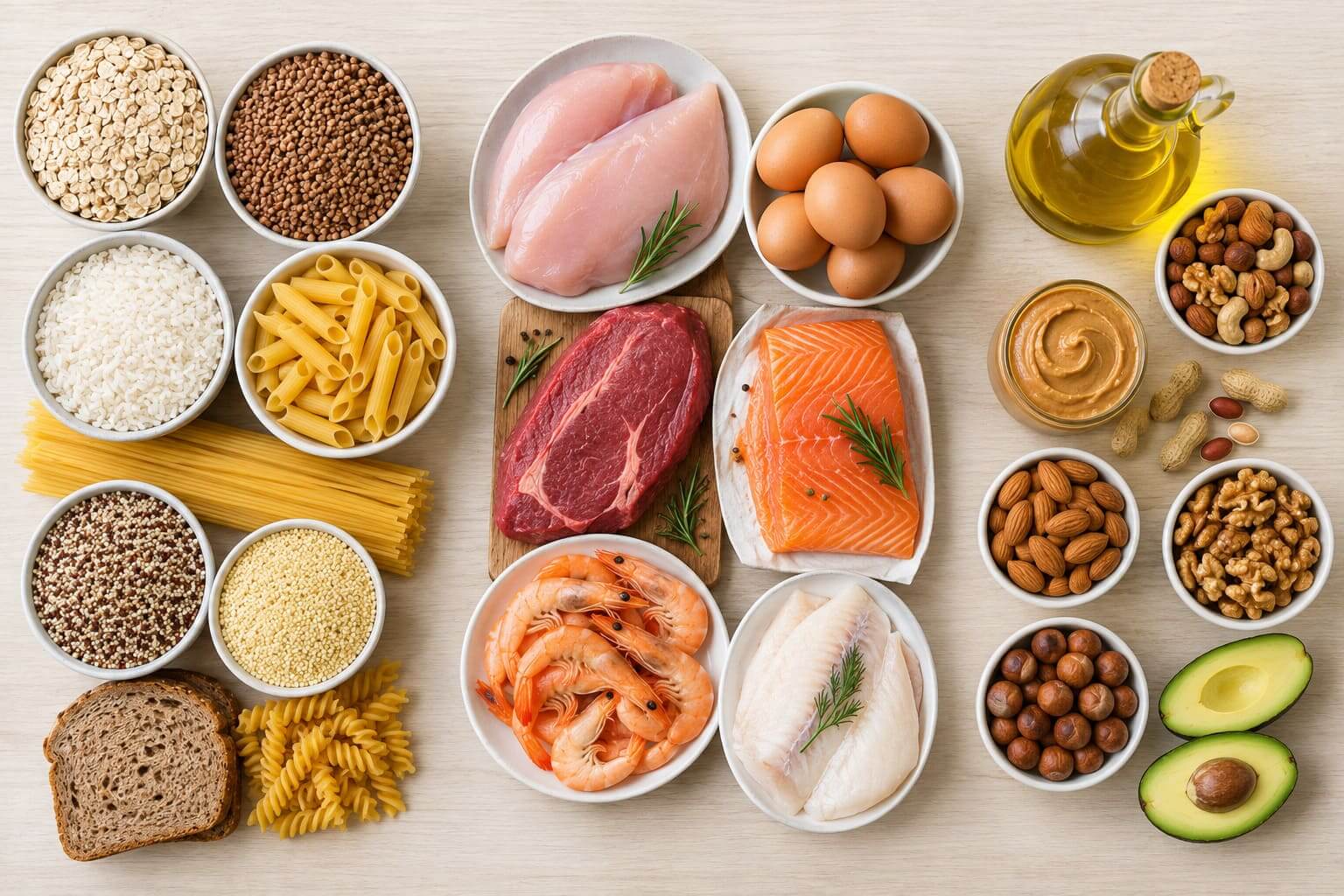Продукты для набора мышечной массы: крупы, мясо, яйца, орехи