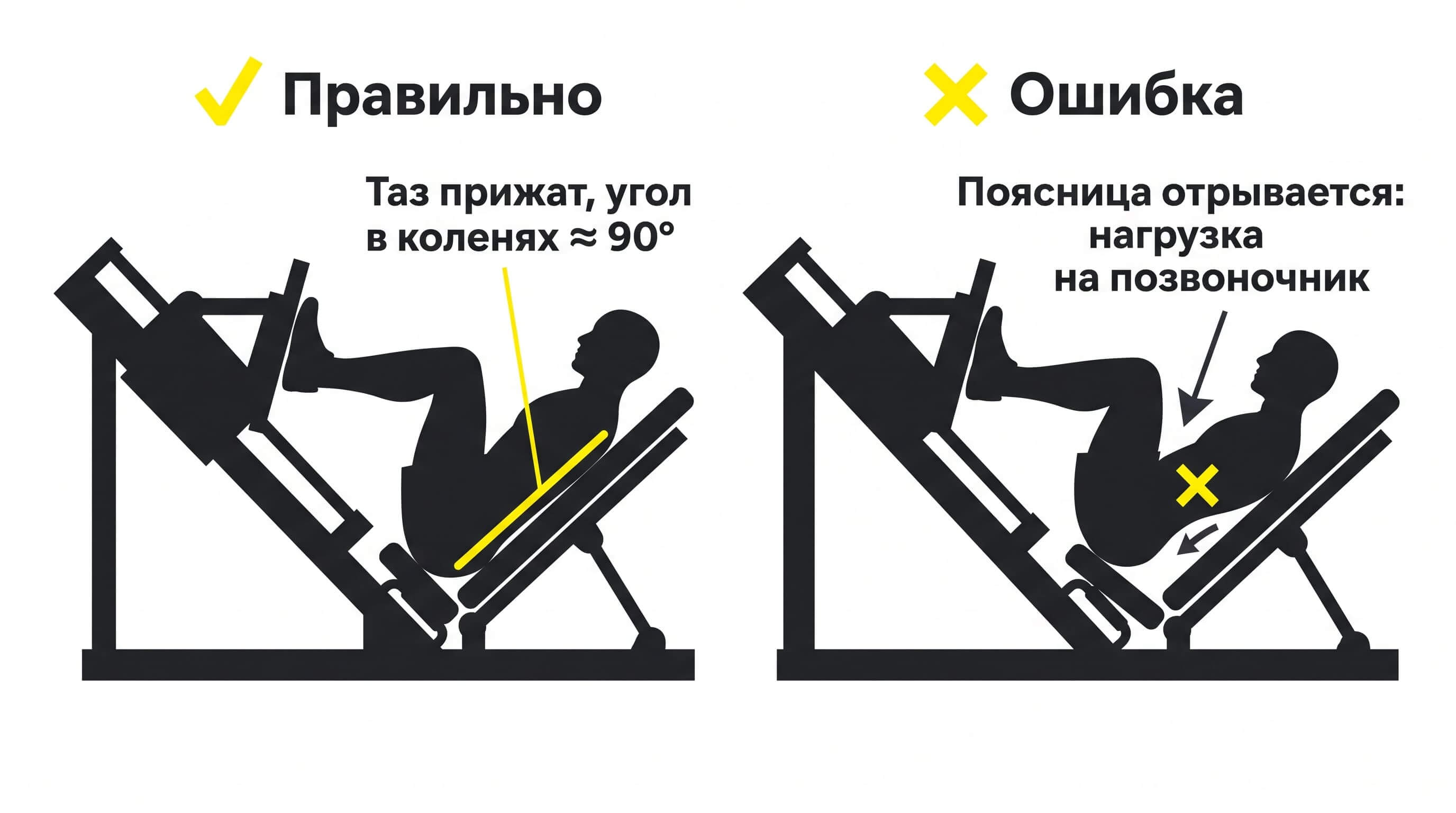 Схема: правильная глубина в жиме ногами и отрыв поясницы от спинки